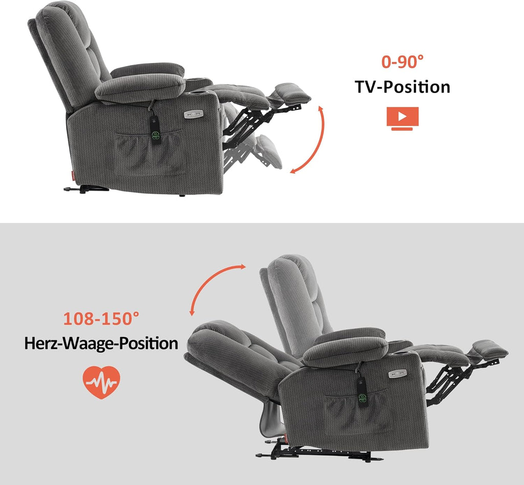 M MCombo Elektrischer Fernsehsessel Relaxsessel mit Liegefunktion, Massage & Wärme, USB-Anschluss, verstellbarer TV Sessel für Wohnzimmer