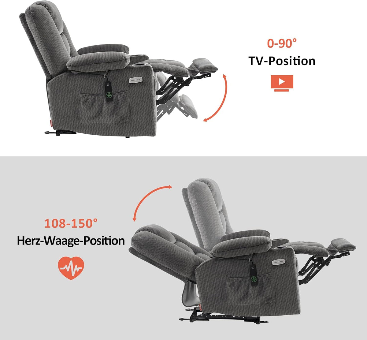 M MCombo Elektrischer Fernsehsessel Relaxsessel mit Liegefunktion, Massage & Wärme, USB-Anschluss, verstellbarer TV Sessel für Wohnzimmer