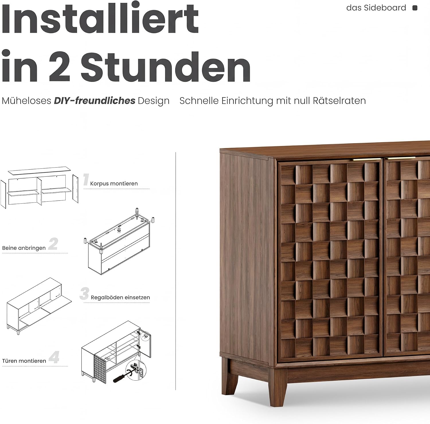 COLAMY Sideboard 150 cm Holz mit Stauraum – Modernes Sideboard für Wohnzimmer, Küchenschrank mit verstellbaren Einlegeböden, Buffet Schrank mit 3D