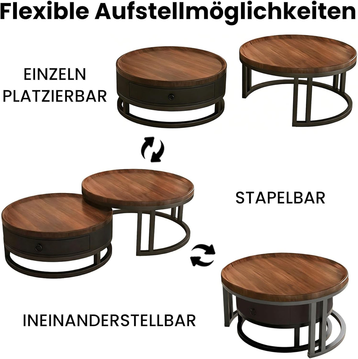 Couchtisch 2er Set rund mit Schublade, Satztische in Walnussoptik, Wohnzimmertisch mit Metallrahmen und Stauraum