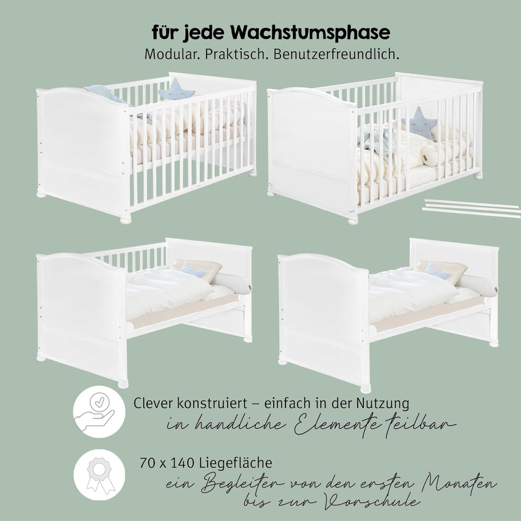roba Babybett Set 70x140 cm mit Matratze, Bettwäsche & Himmel – Umbaubares Kinderbett zum Juniorbett, höhenverstellbar