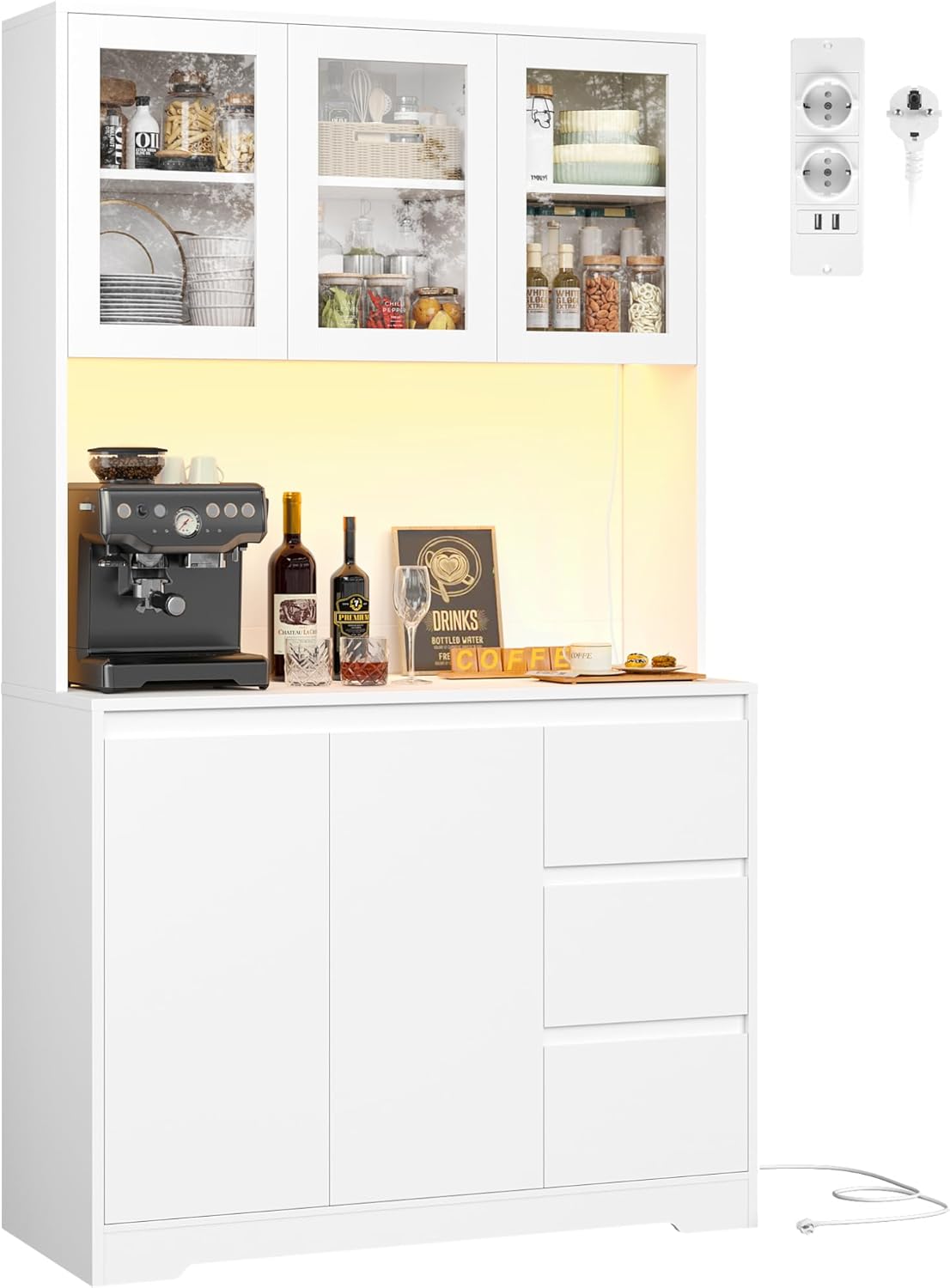 FirFurd Küchenschrank Weiß 180 cm mit LED & Steckdose – Buffetschrank mit Arbeitsplatte, Glastüren & 3 Schubladen