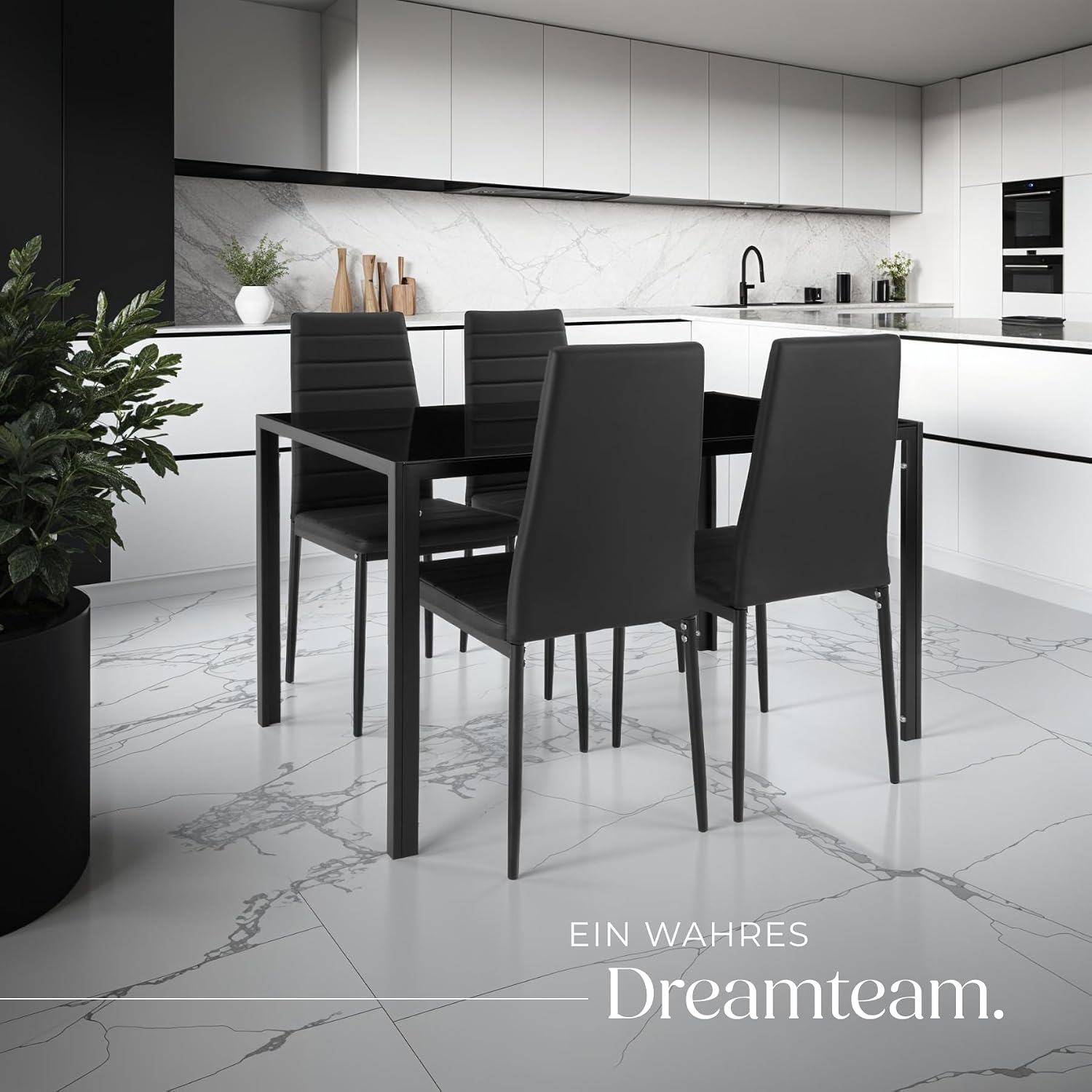 tectake Essgruppe Set Tisch und Stühle, Esstisch und 4X Stuhl, strapazierfähiges Kunstleder, Tischplatte aus Sicherheitsglas, Küchenstühle modern