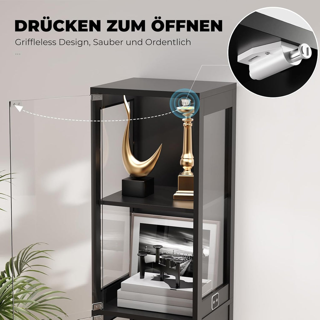 BROTTAR Glasvitrine mit Dreifarbig LED Beleuchtung und Glastüren, Glasvitrine Stehend mit Körpersensor-System, Sammlervitrine für Wohnzimmer, Büro