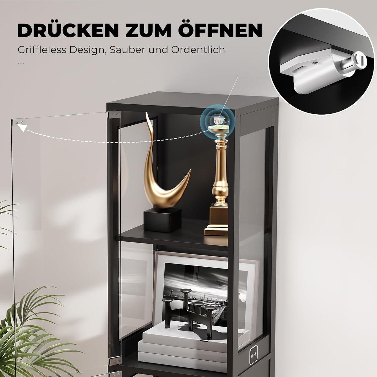 BROTTAR Glasvitrine mit Dreifarbig LED Beleuchtung und Glastüren, Glasvitrine Stehend mit Körpersensor-System, Sammlervitrine für Wohnzimmer, Büro