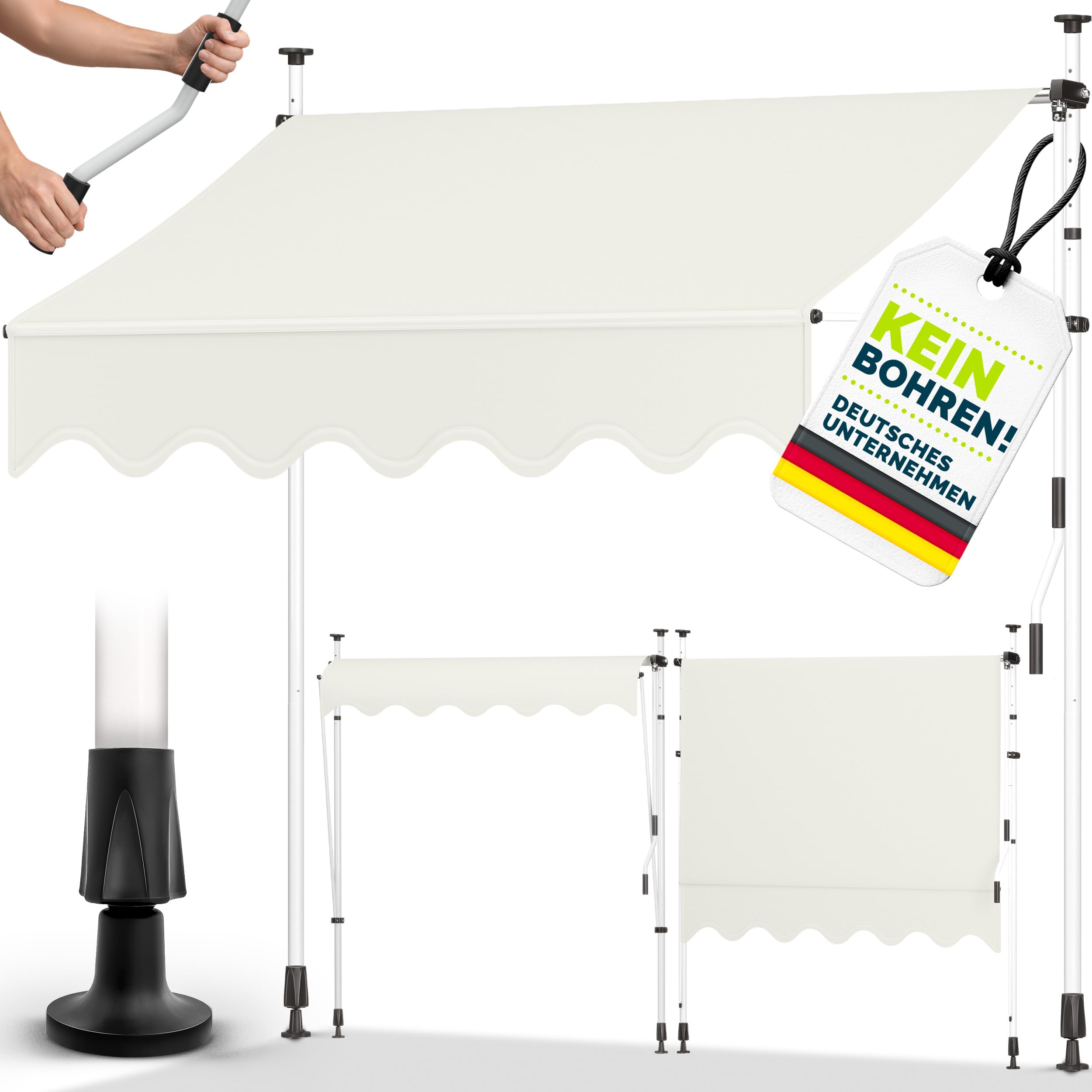 tillvex Klemmmarkise 350cm breit mit Handkurbel | Balkonmarkise ohne Bohren