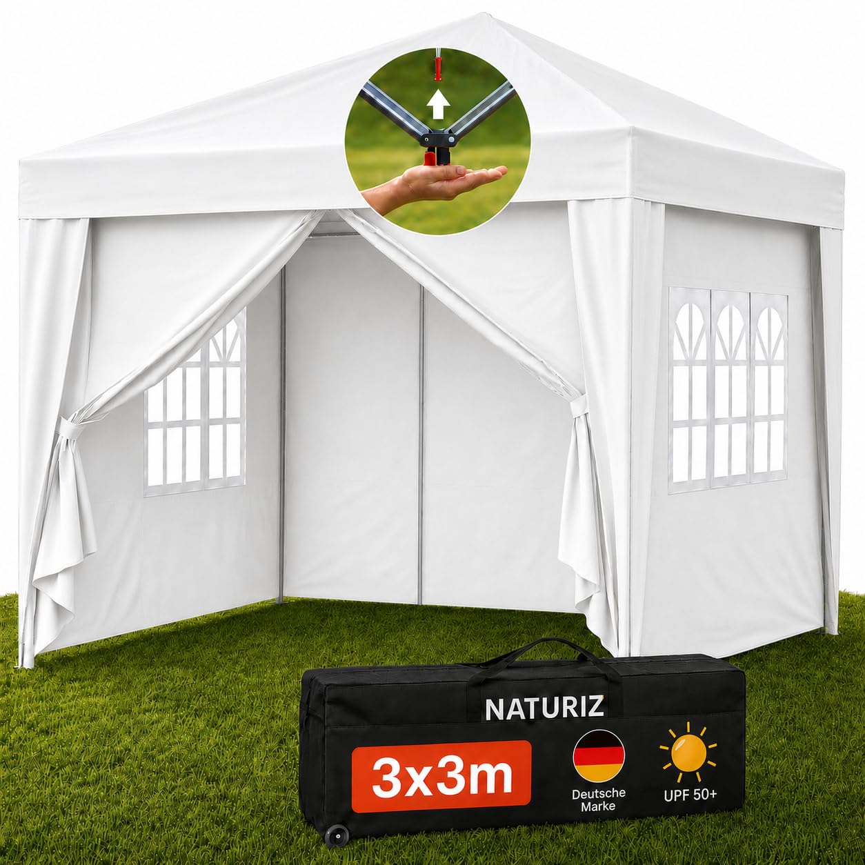 NATURIZ® Pavillon 3x3 Wasserdicht Stabil und UV 50+ Schutz - Faltpavillon mit Seitenwänden - Pop Up Zelt für Garten, Camping, Marktstand & Partyzelt