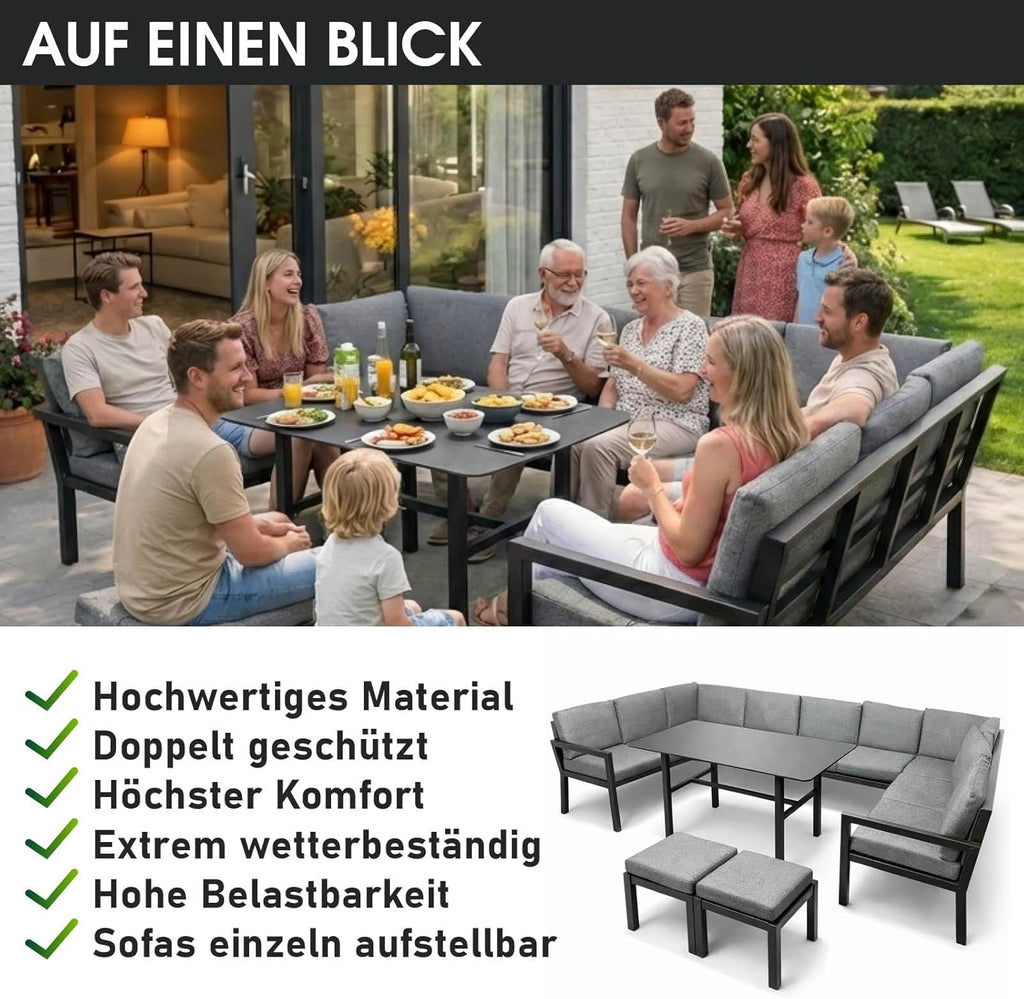 BRAST Madrid Garten Lounge Set 11 Personen Hellgrau – U-Form Outdoor Sitzgruppe mit Esstisch, Sofa & Hockern, Wetterfest