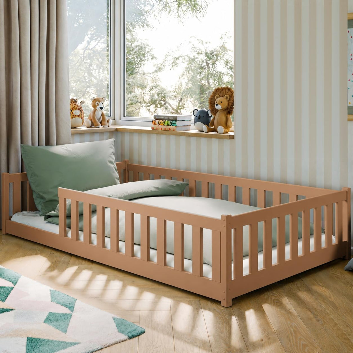 Kids Collective Kinderbett Bodenbett 120x200 cm Bett mit Rausfallschutz & Lattenrost Montessori Bett Bed Gitterbett Kinder Jugendbett Einzelbett |