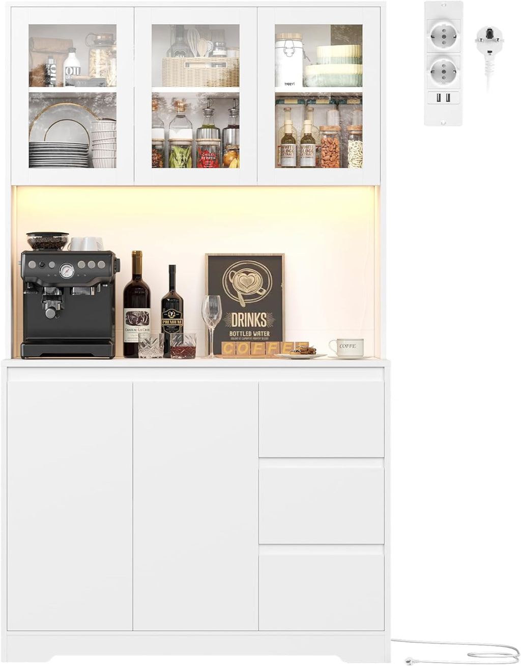 FirFurd Küchenschrank Weiß 180 cm mit LED & Steckdose – Buffetschrank mit Arbeitsplatte, Glastüren & 3 Schubladen