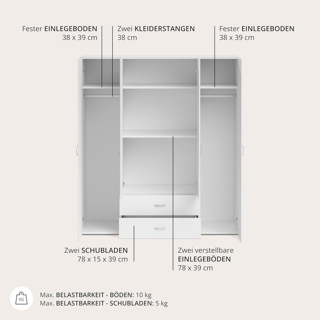 Stella Trading BASE Kleiderschrank Weiß, Drehtürenschrank mit Kleiderstange & verstellbaren Einlegeböden, mehrere Größen
