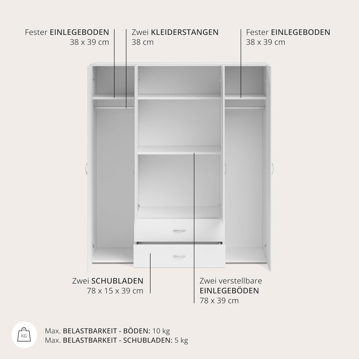 Stella Trading BASE Kleiderschrank Weiß, Drehtürenschrank mit Kleiderstange & verstellbaren Einlegeböden, mehrere Größen