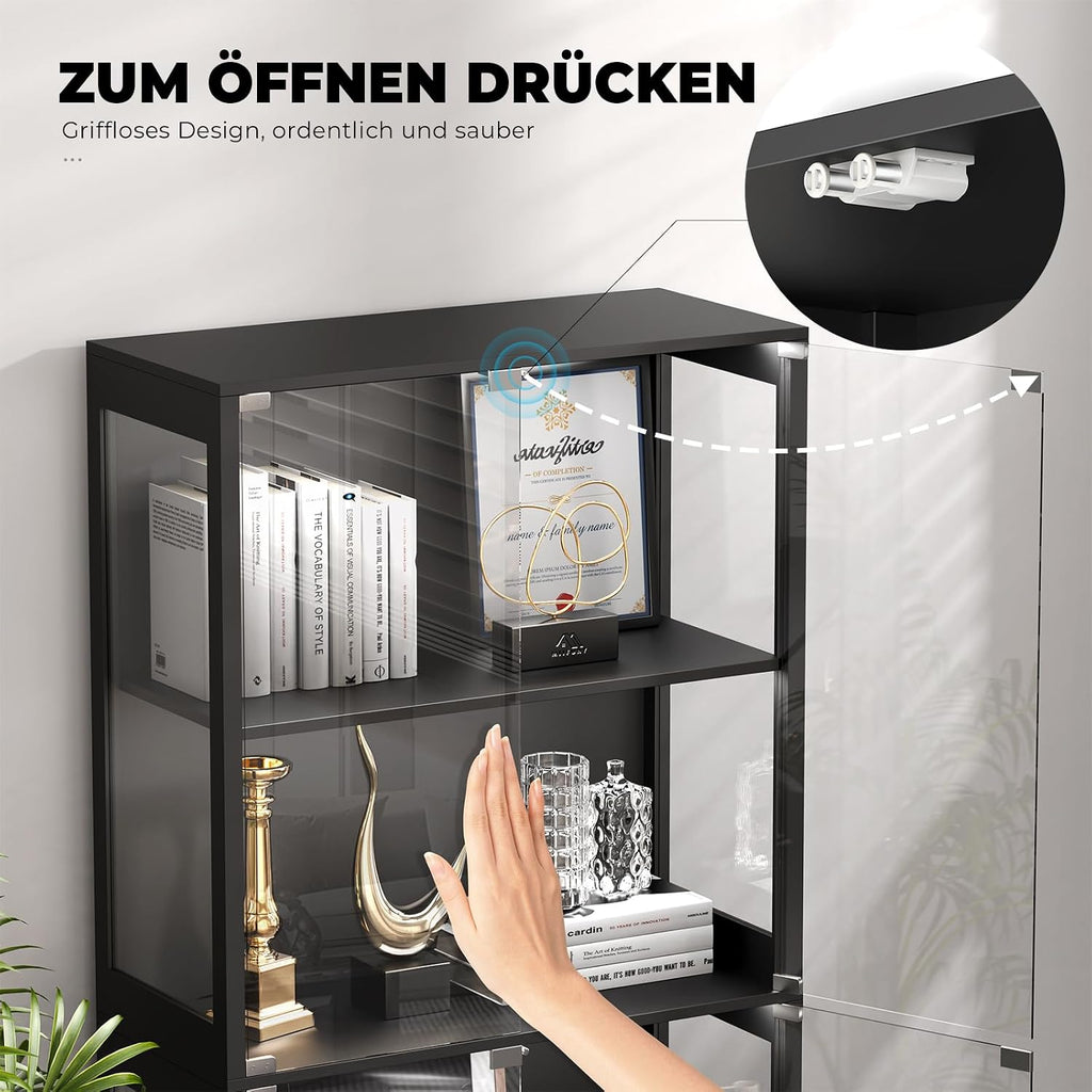 BROTTAR Beleuchtete Glasvitrine mit LED Sensor, moderner Vitrinenschrank & Standvitrine, 4 Etagen Sicherheitsglas Vitrine für Lego, Figuren und