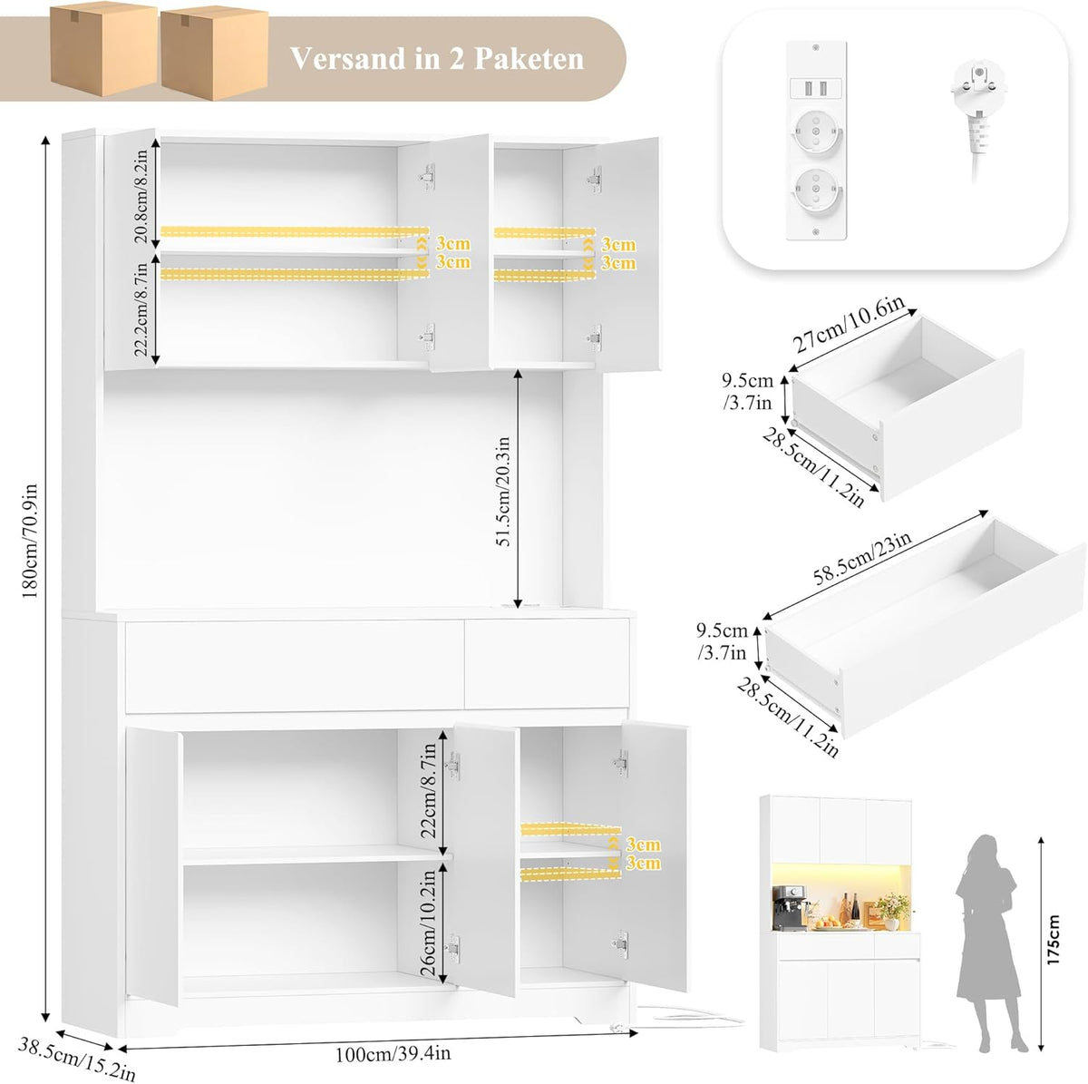 FirFurd Küchenschrank Buffetschrank Weiß 180x100x38,5 cm – Sideboard mit LED, Steckdose, Arbeitsplatte, Türen & Schubladen