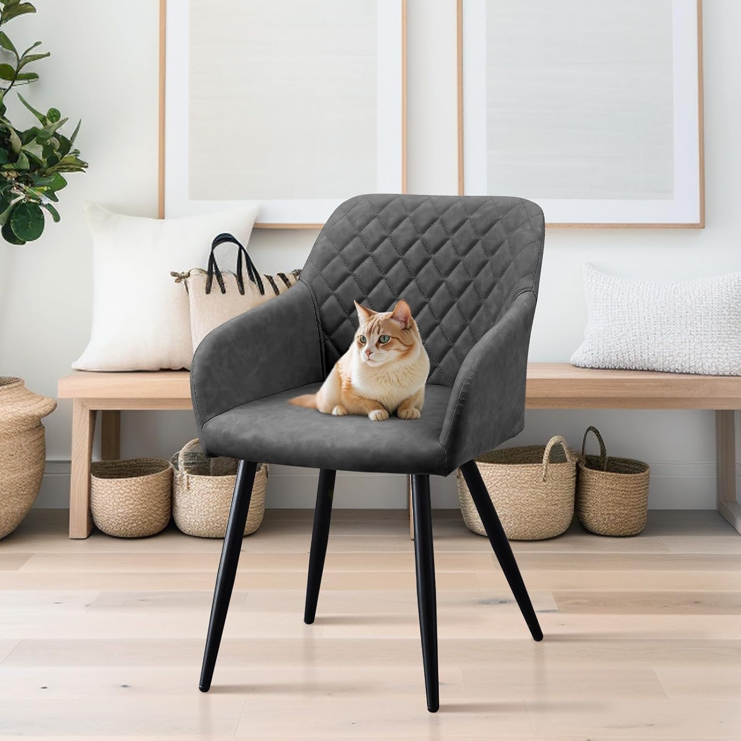 CLIPOP Esszimmerstühle 4er Set, Küchenstühle Grau Kunstlederstoff stühle Polsterstühle mit Armlehne Metallbeine Polstersessel Stühle für Esszimmer