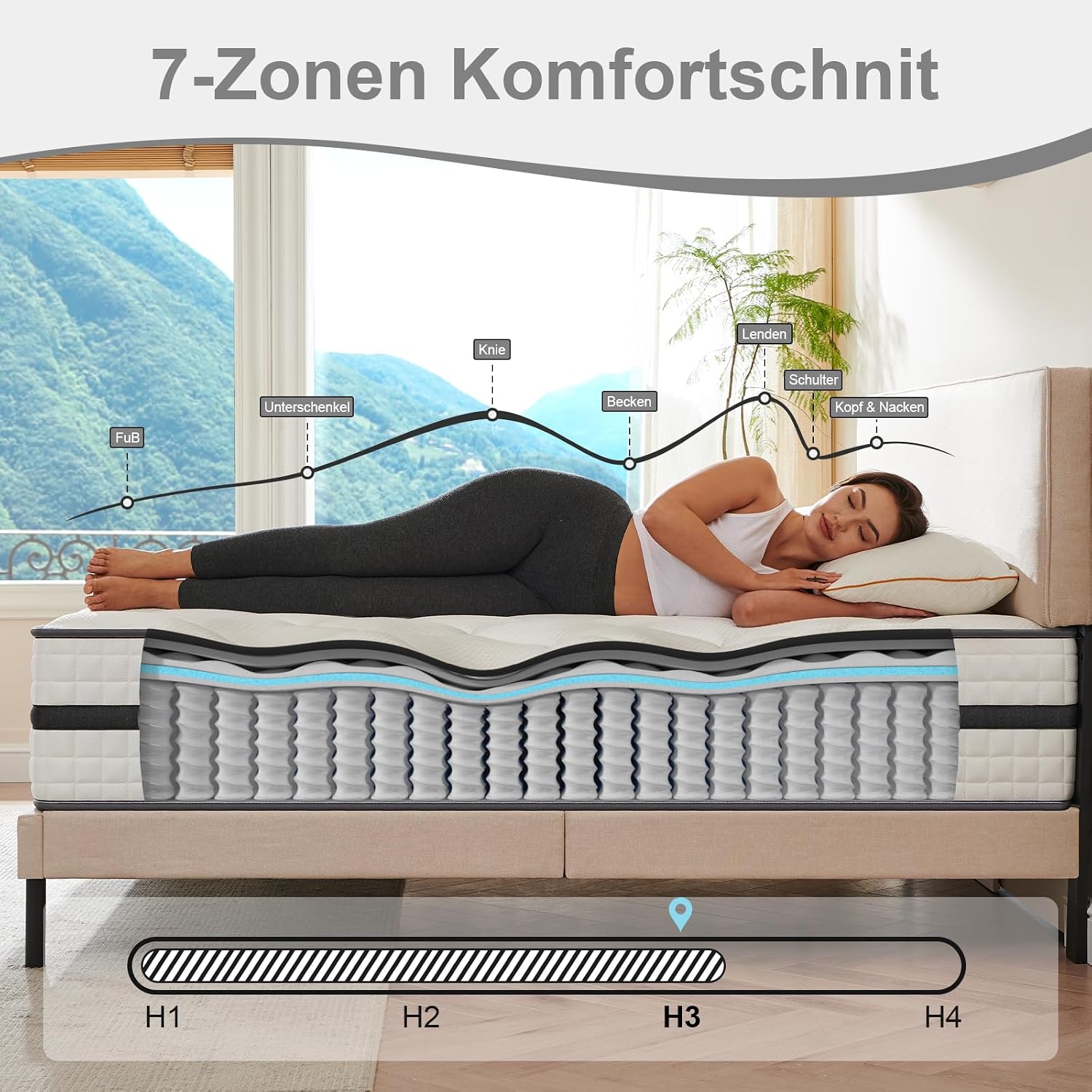 Twirest Matratze 140x200 cm H3 – 7-Zonen Taschenfederkernmatratze 20 cm mit Memory-Schaum, Mikrofaserbezug & ergonomischer Unterstützung