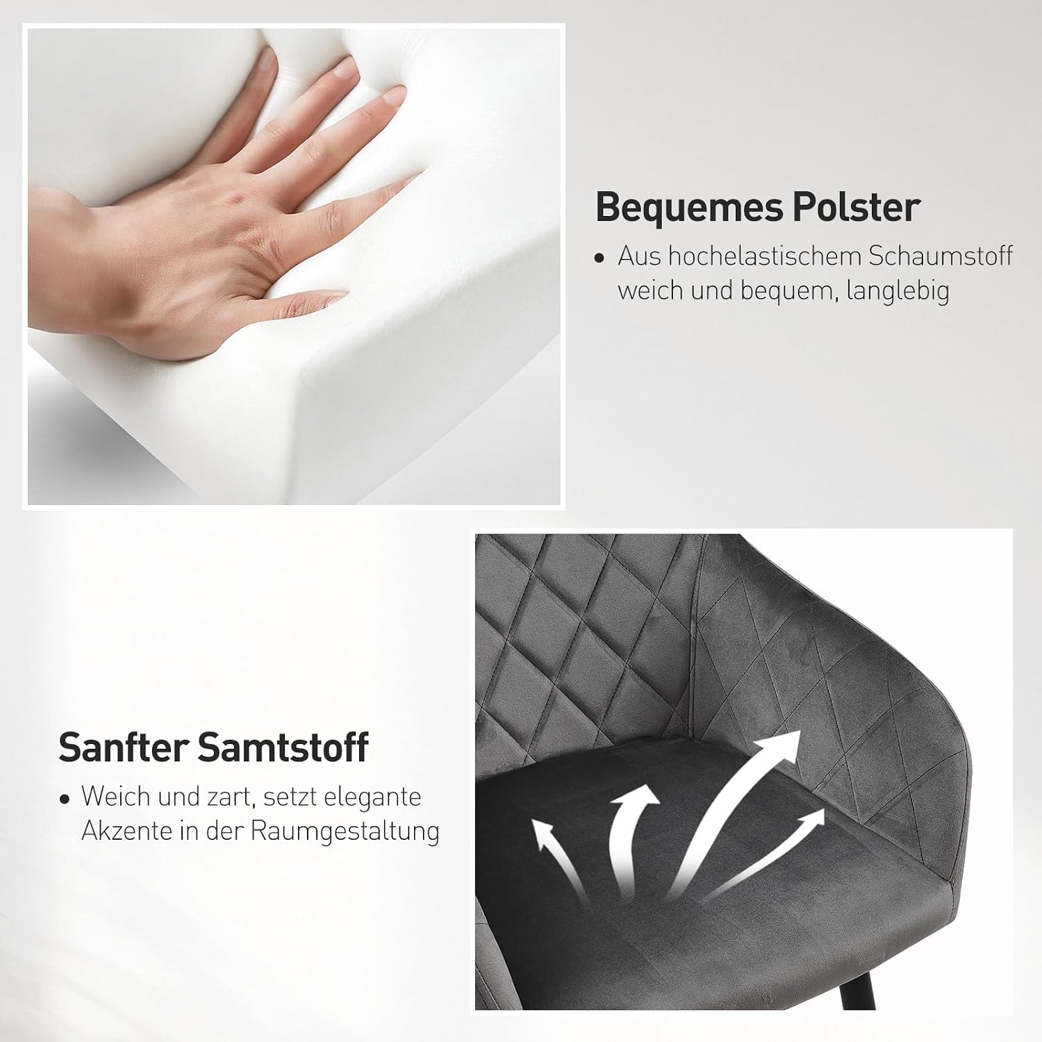 CLIPOP Esszimmerstühle 2er Set, Küchenstühle Grau Samtstoff stühle Polsterstühle mit Armlehne Metallbeine Polstersessel Stühle für Esszimmer Küche