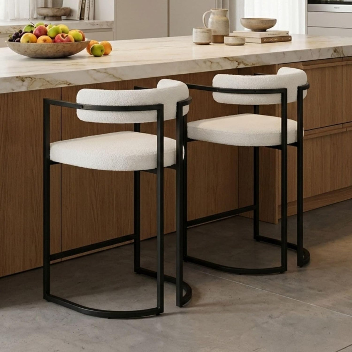 chairus Barhocker 2er Set mit Lehne Kunstfell bar Stool Tresenhocker Weiß