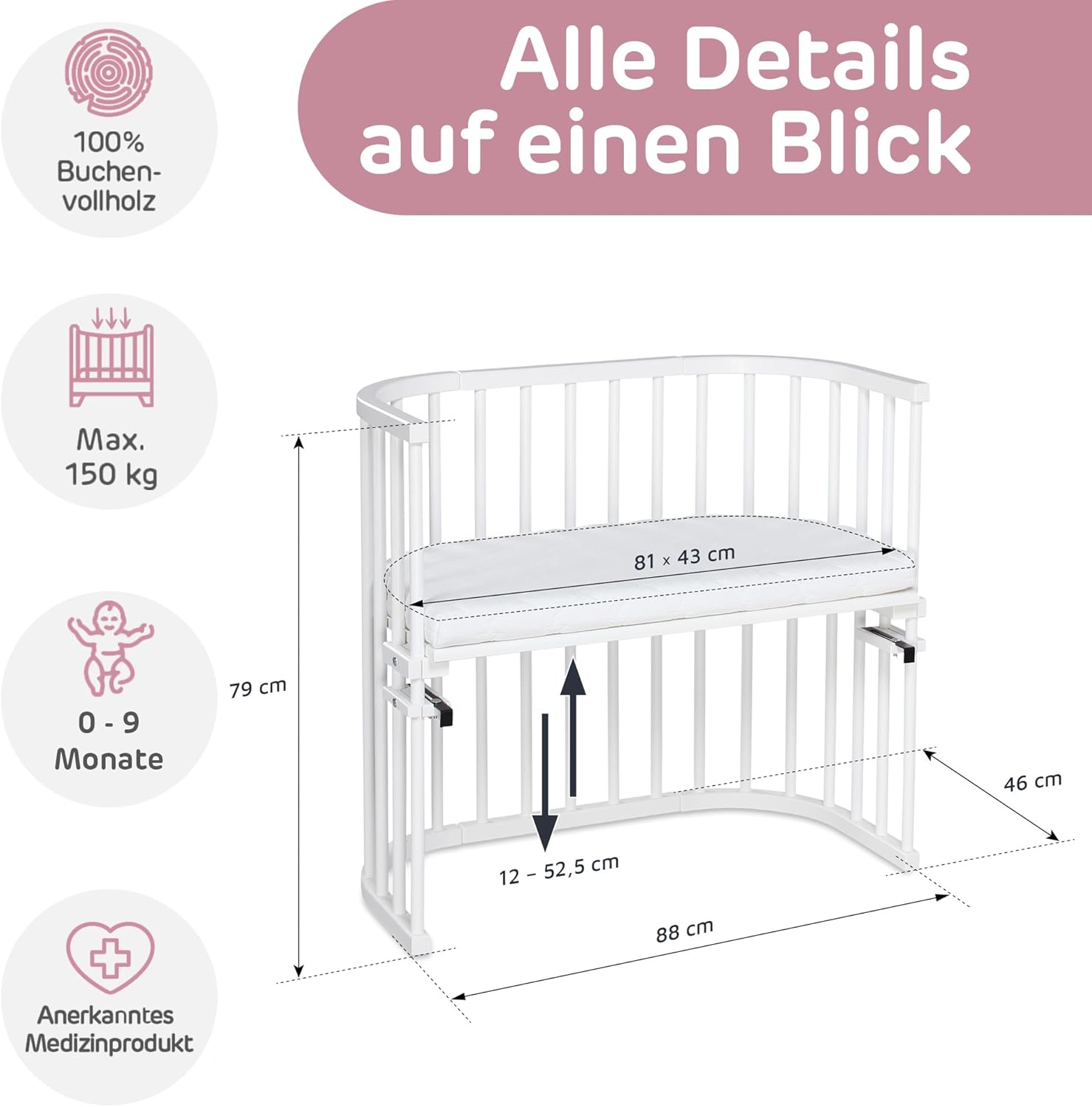 babybay Original Beistellbett aus massivem Buchenholz mit Matratze, höhenverstellbares Babybett für Neugeborene