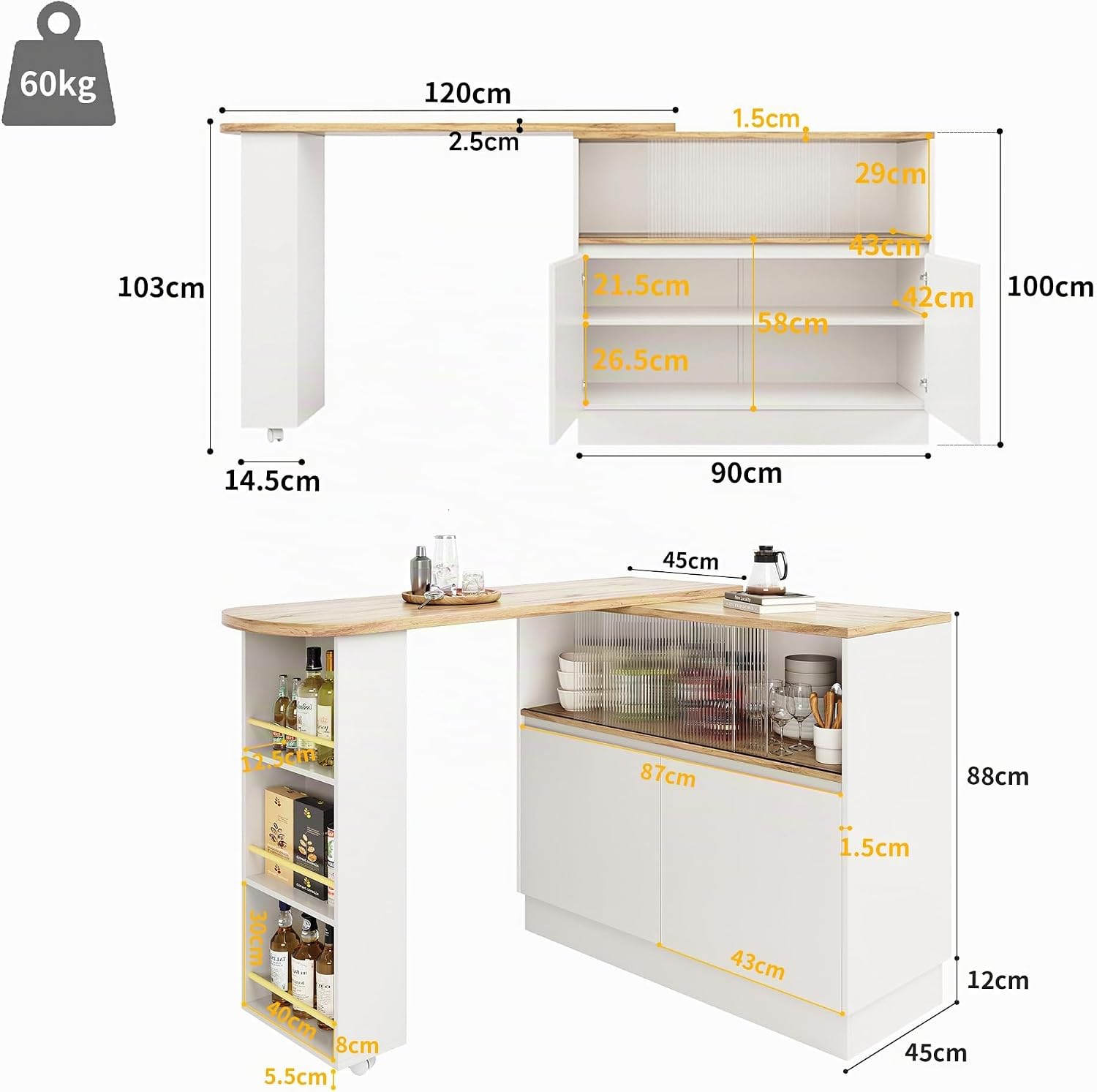 Merax Ausziehbarer Bartisch mit Stauraum, 360° drehbarer Beweglicher Bartisch Küchentheke Kücheninsel Kaffeeecke, mit Offene Ablagefächer