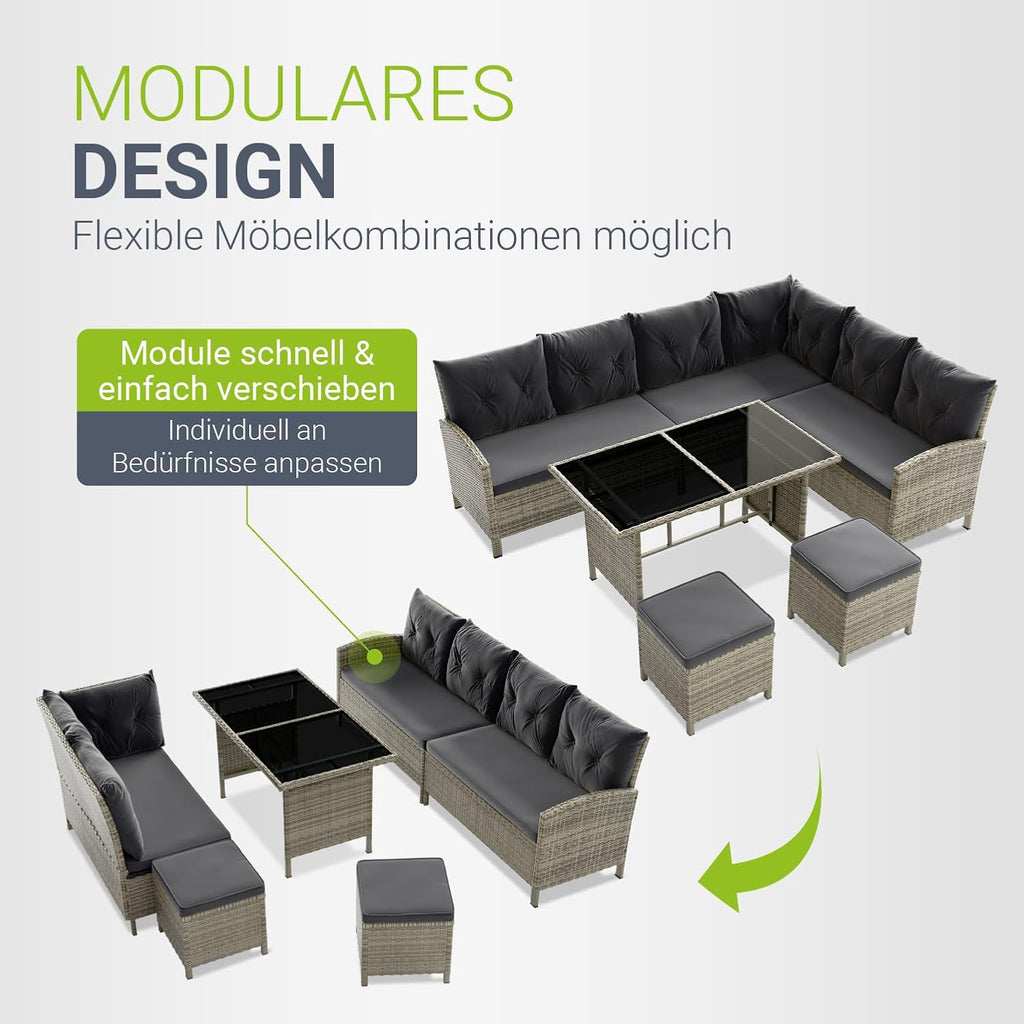 Juskys Gartenlounge Polyrattan Grau, Ecksofa mit Tisch & 2 Hockern, Gartenmöbel Set für 7 Personen, wetterfest
