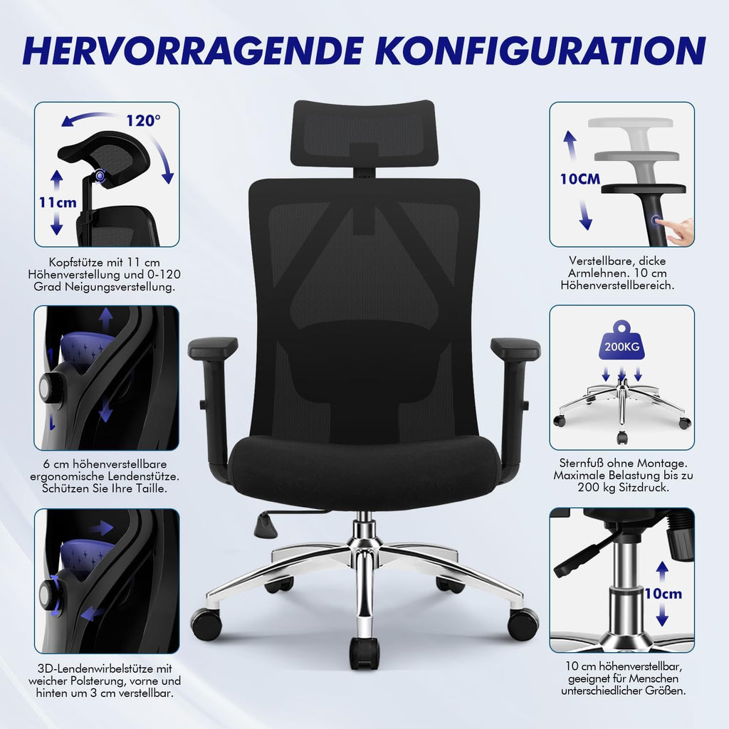Daccormax Bürostuhl, Bürostuhl Ergonomisch Schreibtischstuhl mit Verstellbaren Armlehnen, Kopfstütze und weiche Lendenstütze aus Naturschwamm