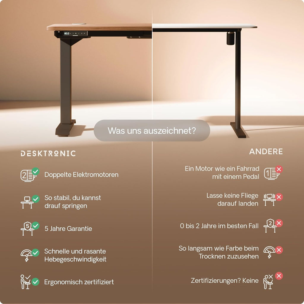 Desktronic HomePro Schreibtisch elektrisch höhenverstellbar, Steh-Sitz Schreibtisch mit Dual Motor, Touchscreen & USB-A/USB-C