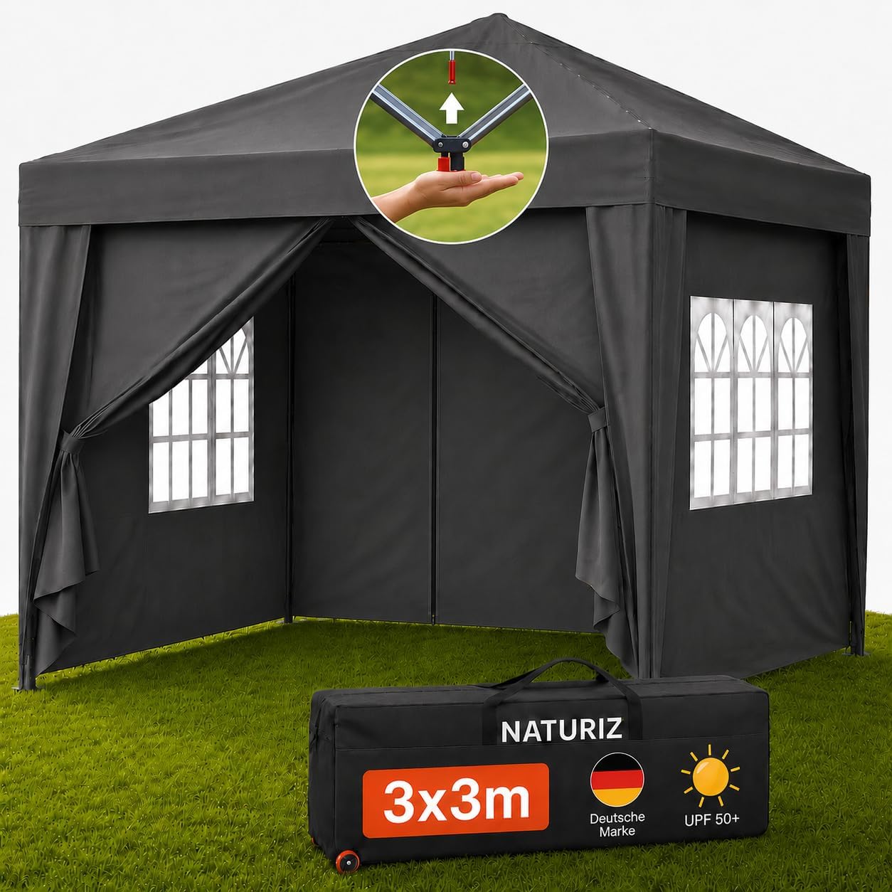 NATURIZ® Pavillon 3x3 Wasserdicht Stabil und UV 50+ Schutz - Faltpavillon mit Seitenwänden - Pop Up Zelt für Garten, Camping, Marktstand & Partyzelt