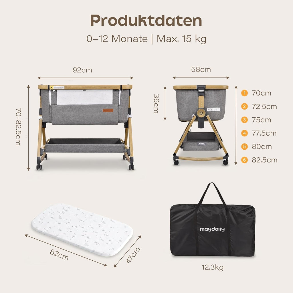 Maydolly 3-in-1 Beistellbett Baby Grau mit Matratze, höhenverstellbares Babybett mit Rollen & Moskitonetz
