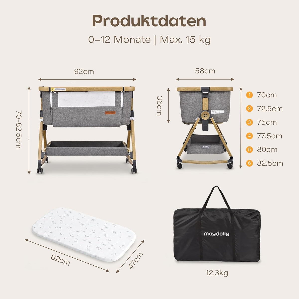 Maydolly 3-in-1 Beistellbett Baby Grau mit Matratze, höhenverstellbares Babybett mit Rollen & Moskitonetz