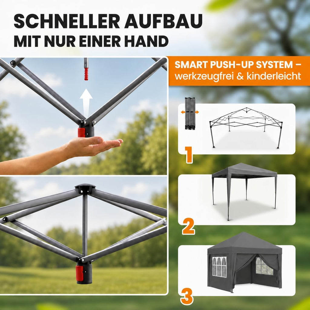 NATURIZ® Pavillon 3x3 Wasserdicht Stabil und UV 50+ Schutz - Faltpavillon mit Seitenwänden - Pop Up Zelt für Garten, Camping, Marktstand & Partyzelt