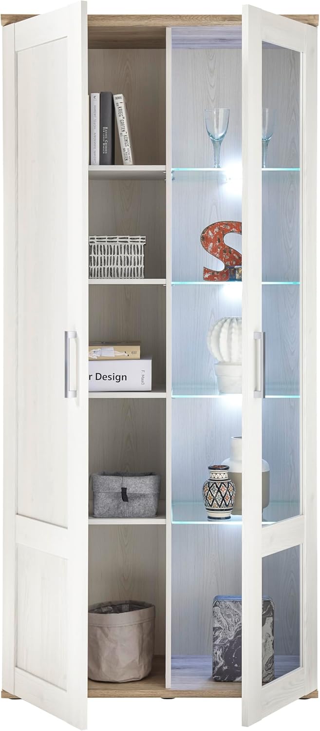 Stella Trading ROMANCE Wohnwand Wohnzimmer Set mit LED-Vitrine, Stauraum, Sibiu Lärche & Eiche San Remo