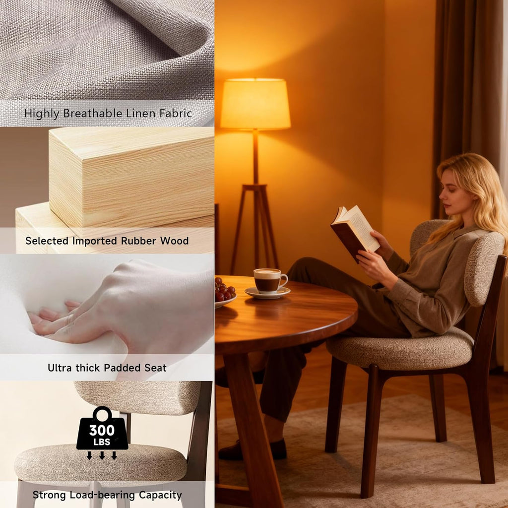 Esszimmerstühle 4er Set mit Polsterung, Holzbeine in Walnuss, Khaki, Küchenstühle mit geschwungener Rückenlehne