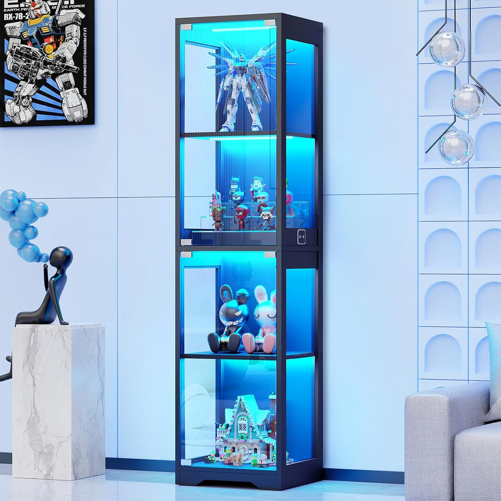 BROTTAR Glasvitrine mit Dreifarbig LED Beleuchtung und Glastüren, Glasvitrine Stehend mit Körpersensor-System, Sammlervitrine für Wohnzimmer, Büro