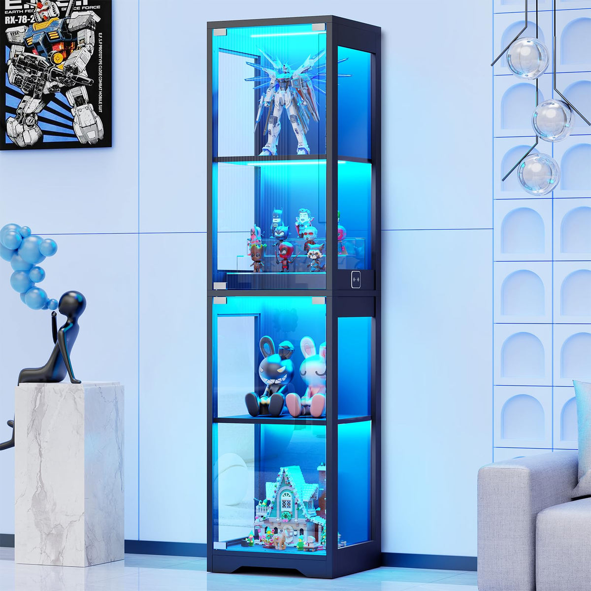 BROTTAR Beleuchtete Glasvitrine mit LED Sensor, moderner Vitrinenschrank & Standvitrine, 4 Etagen Sicherheitsglas Vitrine für Lego, Figuren und