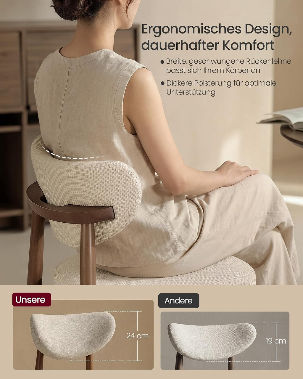 VASAGLE Esszimmerstuhl 4er Set, Küchenstuhl, Polsterstuhl mit Massivholzbeinen, ergonomische Rückenlehne, Aussparung als Griff