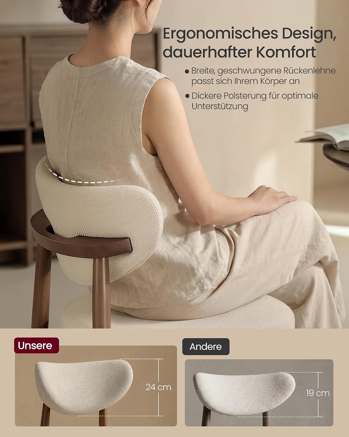 VASAGLE Esszimmerstuhl 4er Set, Küchenstuhl, Polsterstuhl mit Massivholzbeinen, ergonomische Rückenlehne, Aussparung als Griff