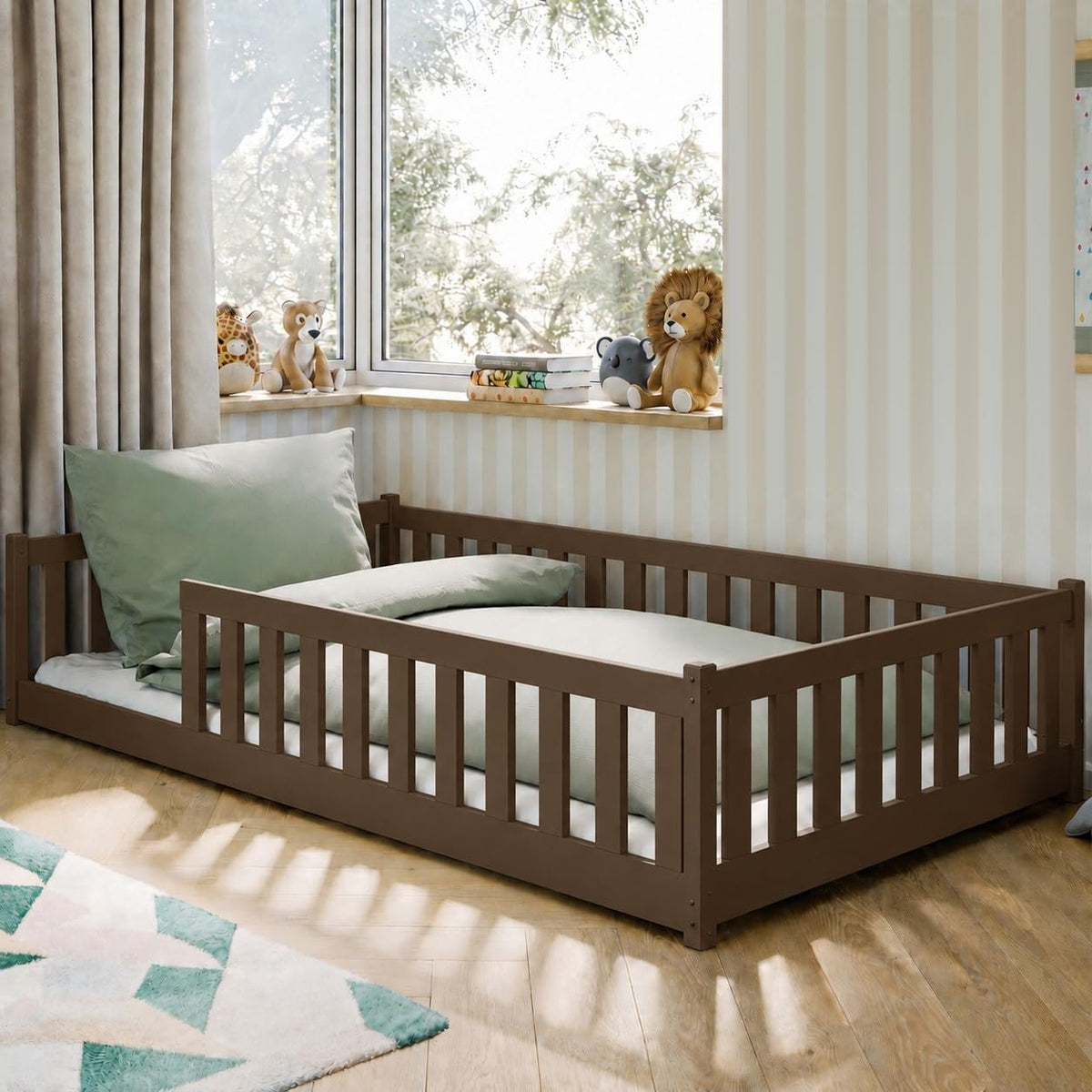 Kids Collective Kinderbett Bodenbett 120x200 cm Bett mit Rausfallschutz & Lattenrost Montessori Bett Bed Gitterbett Kinder Jugendbett Einzelbett |