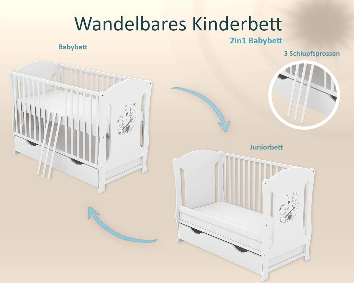 Baby Delux Babybett 120x60 cm Weiß mit Matratze & Schublade, umbaubar zum Juniorbett, Kiefernholz