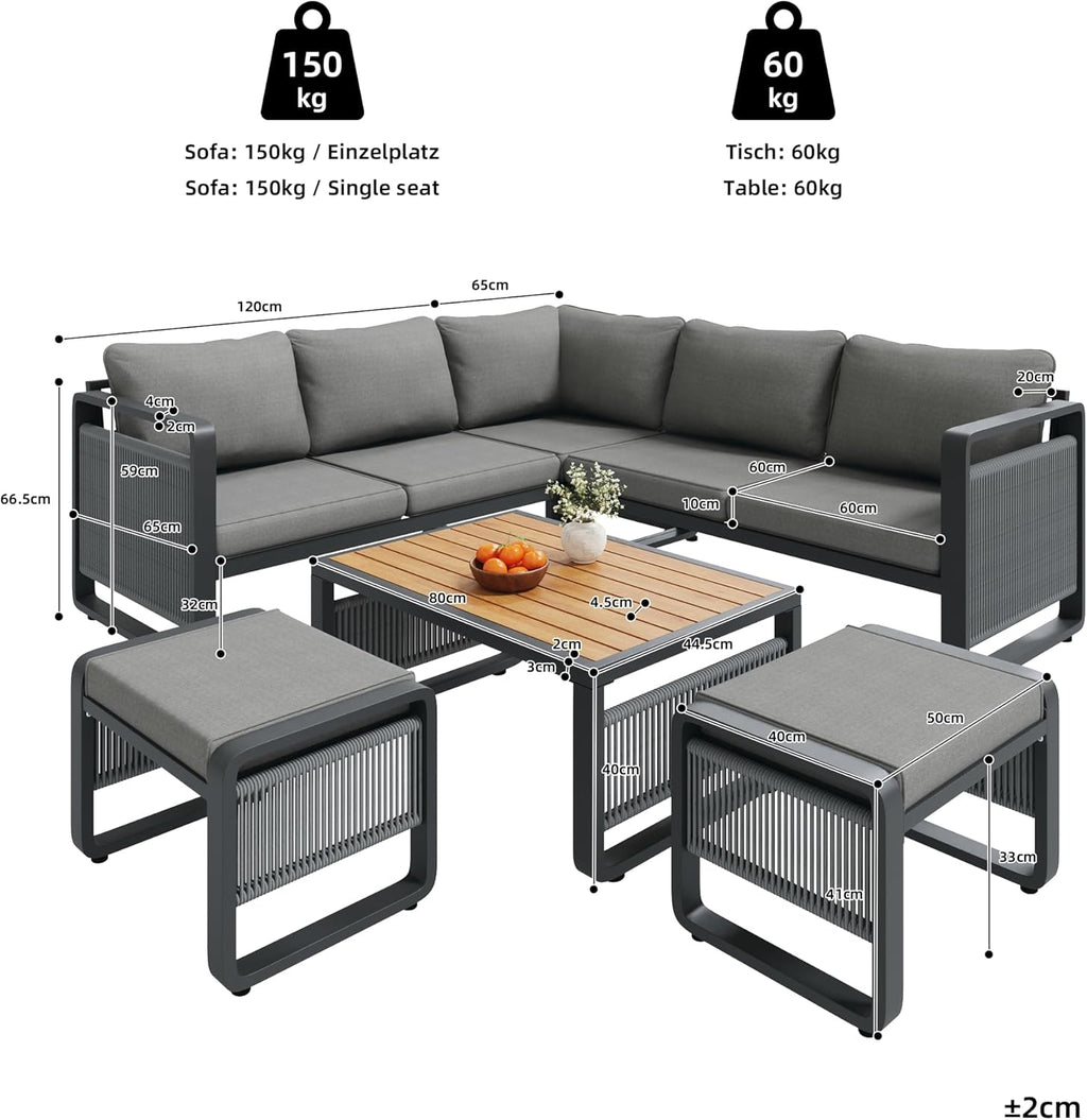 Merax Gartenmöbel Lounge Set Grau für 6–7 Personen, Gartensofa mit Liegefunktion, Ecklounge mit Sitzkissen für Terrasse & Balkon