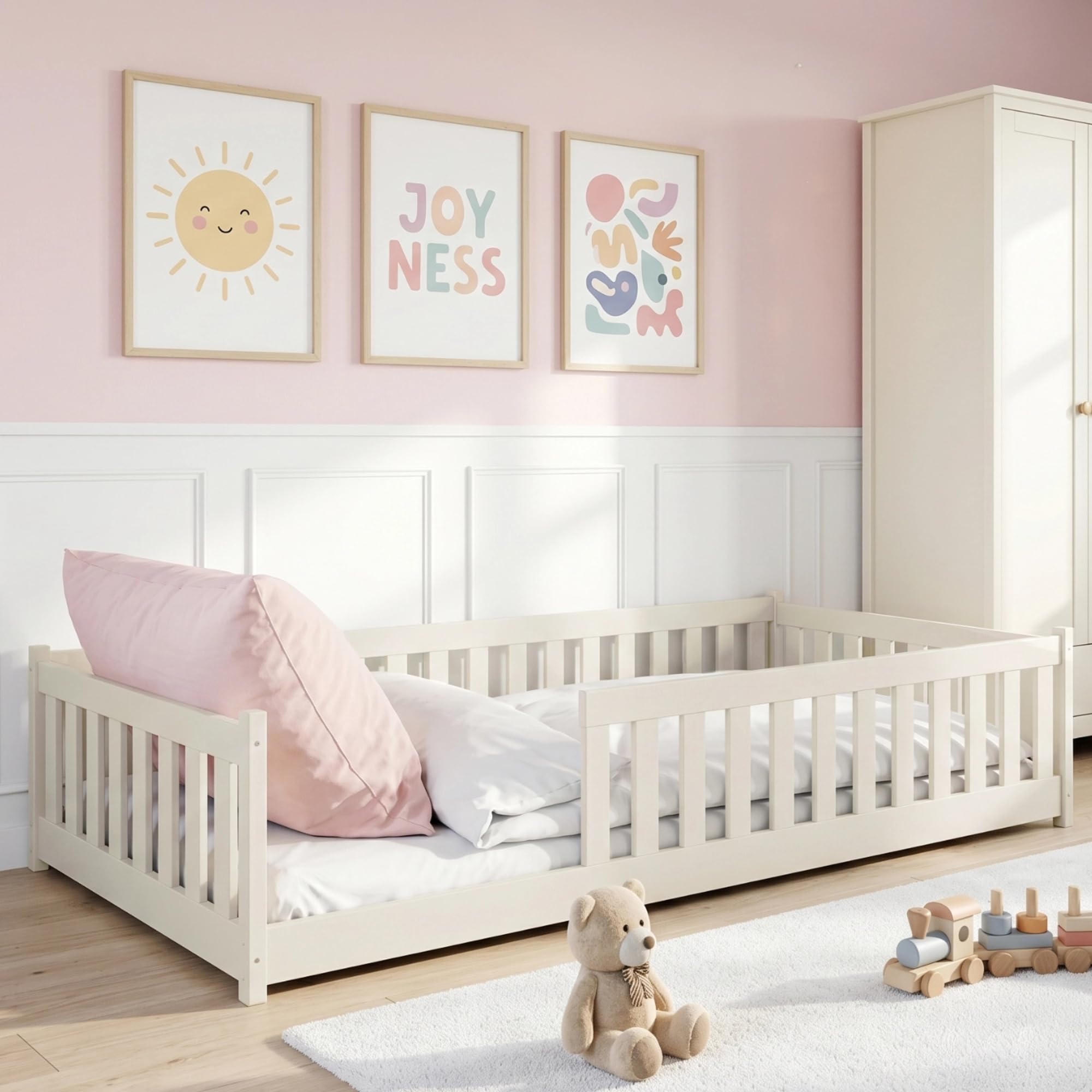 Kids Collective Kinderbett Bodenbett 120x200 cm Bett mit Rausfallschutz & Lattenrost Montessori Bett Bed Gitterbett Kinder Jugendbett Einzelbett |