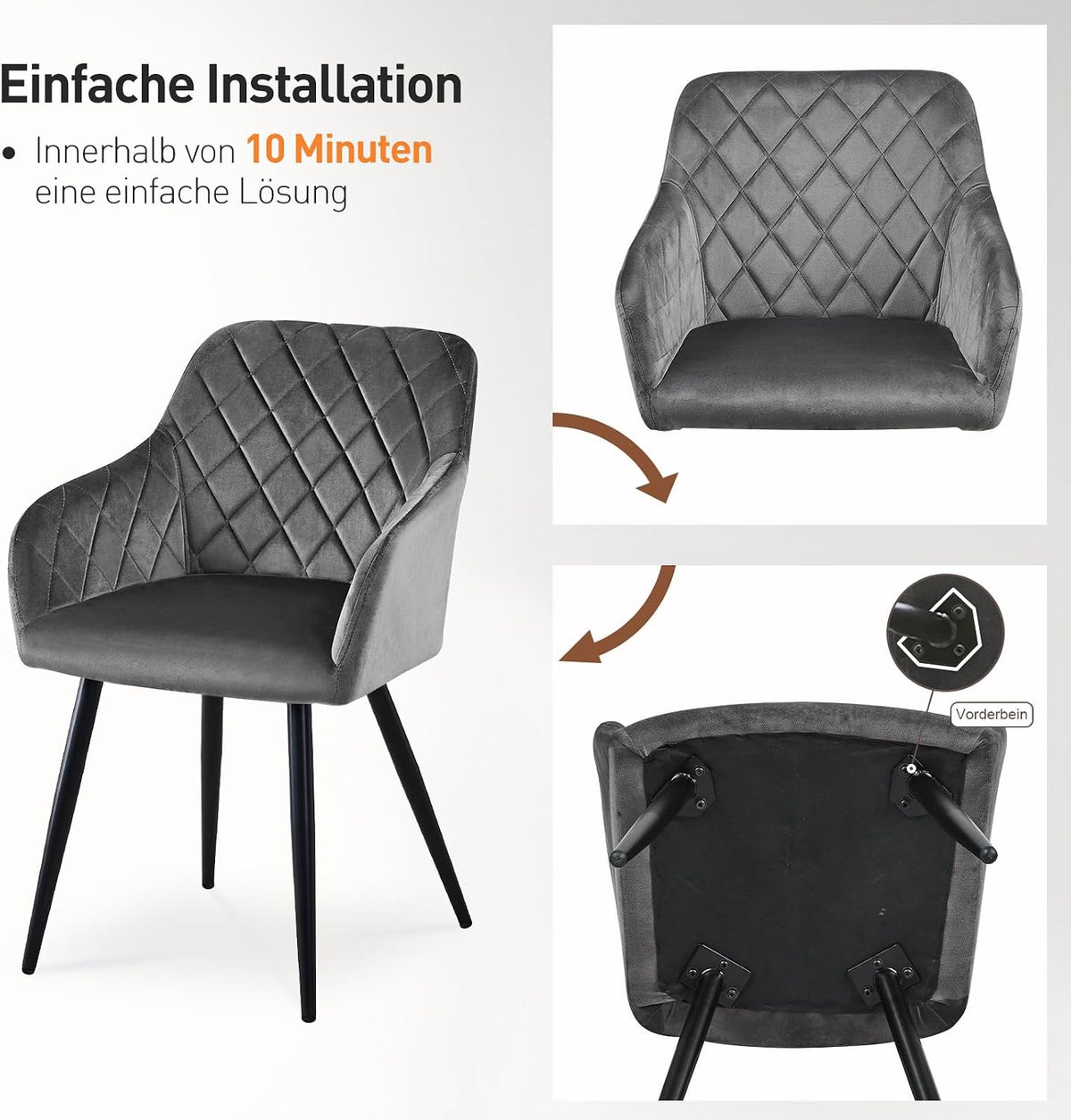 CLIPOP Esszimmerstühle 2er Set, Küchenstühle Grau Samtstoff stühle Polsterstühle mit Armlehne Metallbeine Polstersessel Stühle für Esszimmer Küche
