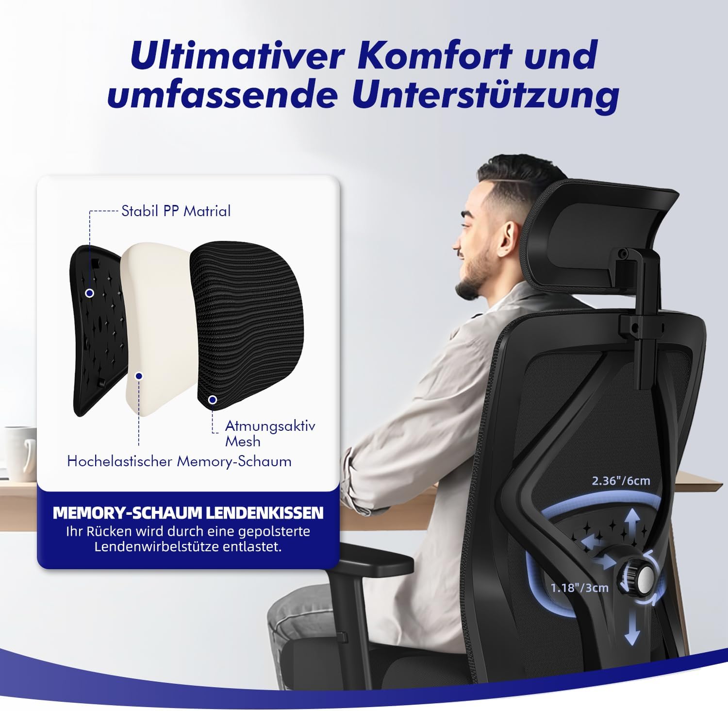 Daccormax Bürostuhl, Bürostuhl Ergonomisch Schreibtischstuhl mit Verstellbaren Armlehnen, Kopfstütze und weiche Lendenstütze aus Naturschwamm