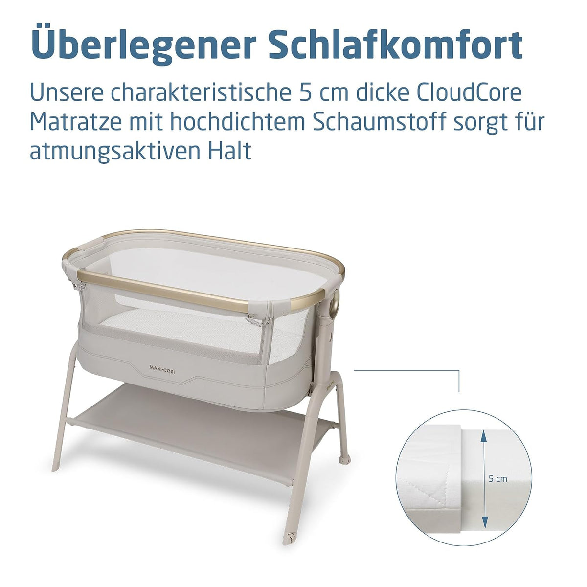 Maxi Cosi Iora² Baby Stubenbett, 0–6 kg (9 kg), Klappbares und Leichtes Beistellbett Baby, 5 cm CloudCore-Matratze, 5 Höhenstufen, 2 Leichtgängige