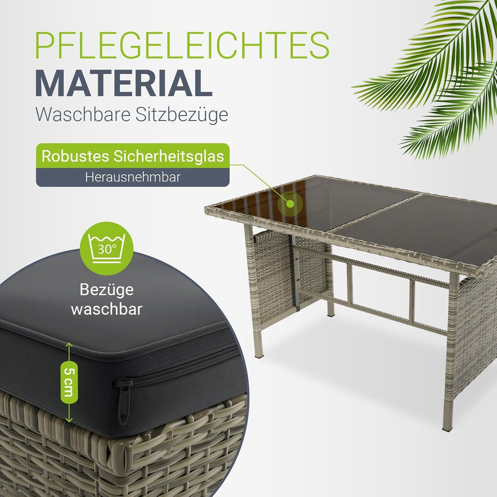 Juskys Gartenlounge Polyrattan Grau, Ecksofa mit Tisch & 2 Hockern, Gartenmöbel Set für 7 Personen, wetterfest