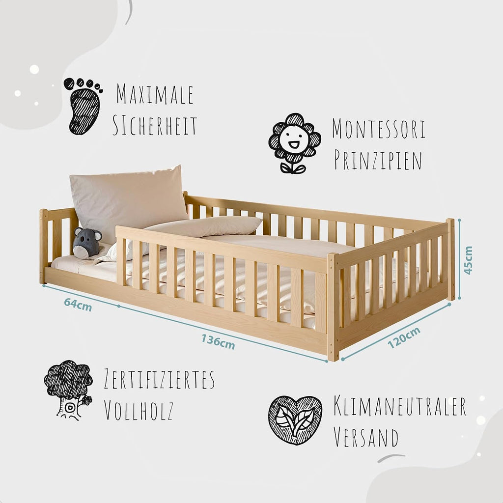 Kids Collective Kinderbett Bodenbett 120x200 cm Bett mit Rausfallschutz & Lattenrost Montessori Bett Bed Gitterbett Kinder Jugendbett Einzelbett |