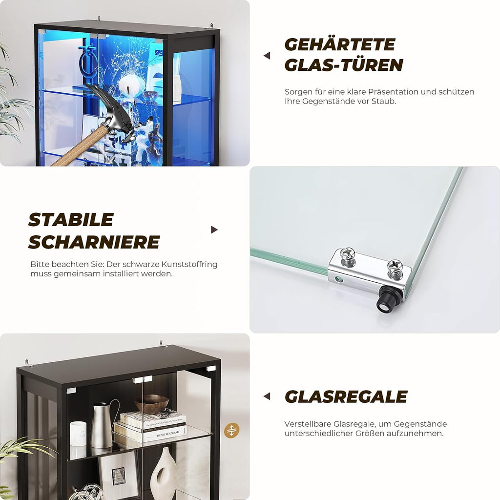 BROTTAR Vitrine mit Glastür, 6-stufige 180cm Vitrine mit 3 Farblichten für Sammlerstücke, Vitrine mit verstellbaren Glasträgern, Körperkensorsensor