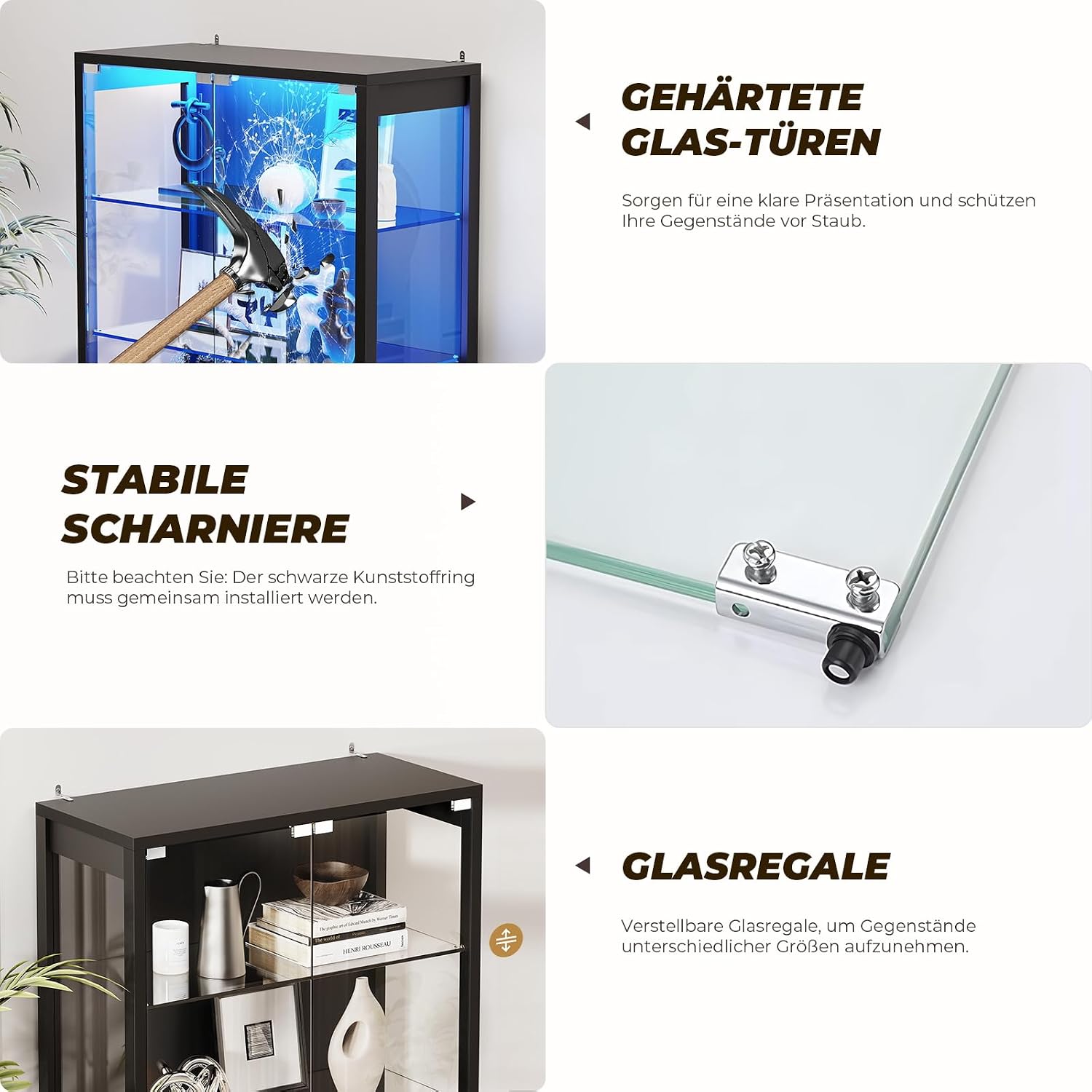 BROTTAR Vitrine mit Glastür, 6-stufige 180cm Vitrine mit 3 Farblichten für Sammlerstücke, Vitrine mit verstellbaren Glasträgern, Körperkensorsensor