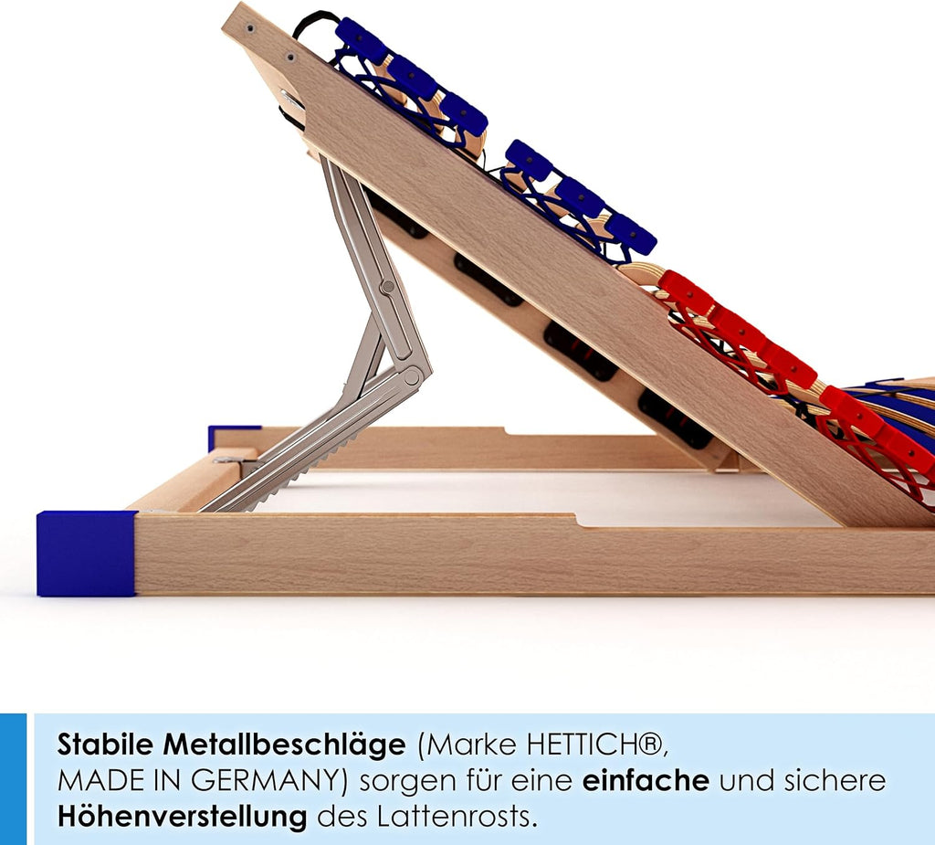 stabiler Lattenrost 100% BUCHE Lattenrahmen - Kopfteil verstellbar - SCHULTERFRÄSUNG, 7 Zonen, 42 Federleisten, Härte-Regulierung, Mittelgurt - SLEEP