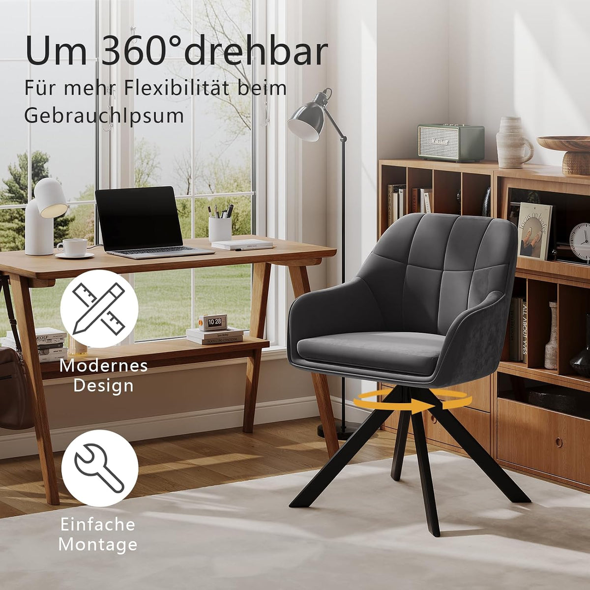 Esszimmerstühle drehbar 4er Set Grau Armlehnenstuhl Polsterstuhl drehstuhl Esszimmer drehstühle aus Samt Küchenstuhl mit Metallbeine für Wohnzimmer